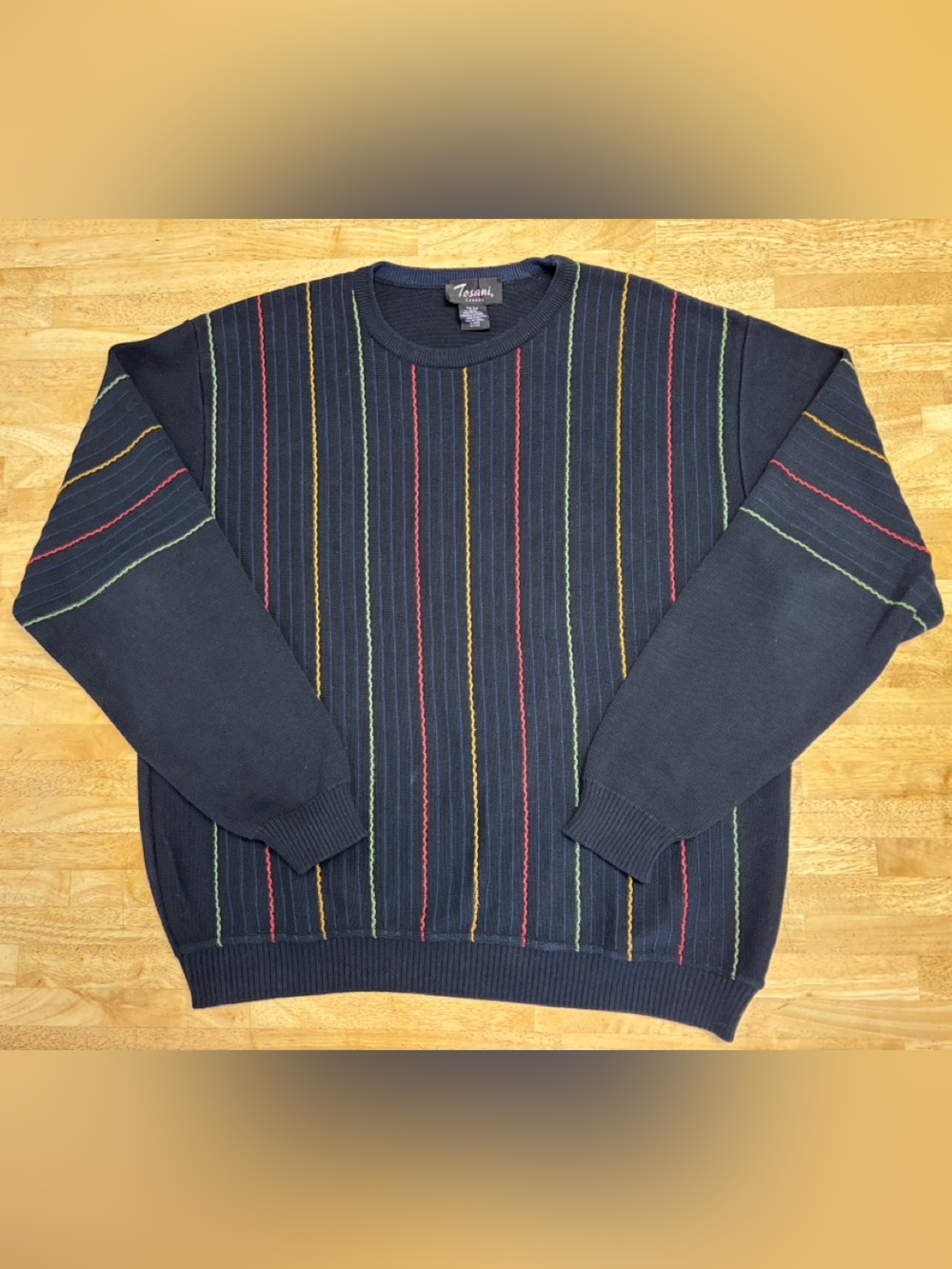 VTG 90s Tosani Canada 100% Cotton Black Mens Crewneck Sweater Textured Stripes M